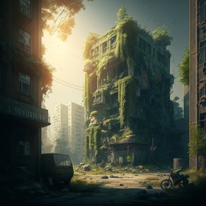 Post-Apocalyptic Landscape of a High-Tech City,zombie poster Digital Download Wall Art Home Decor artwork printable image 1