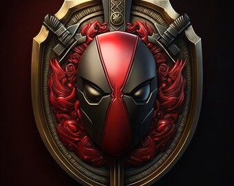 The Craziest Superhero Emblem: The Deadpool Insignia red black golden | Digital Download | Wall Art | Home Decor | Artwork