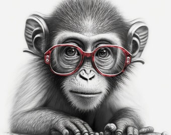 Printable Black and white monkey with red glasses | Digital Download| Wall Art | Home Decor | Artwork | Printable