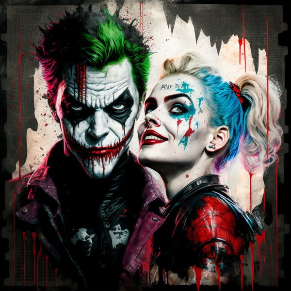Poster Comics Joker und Harley Quinn grün pink blau Poster Mancave Dekor | Digitaler Download | Wandkunst | Wohnkultur | Kunstwerk | druckbar