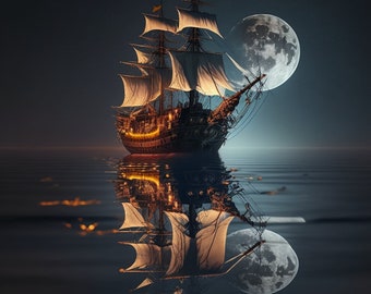 Poster: A Pirate Ship in the Moonlight man cave | Digital Download | Wall Art | Home Decor | Artwork