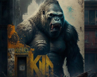 Poster King Kong und die Zerstörung eines Gebäudes mit Graffiti Affe Affe | Digitaler Download | Wandkunst | Wohnkultur | Kunstwerk | druckbar