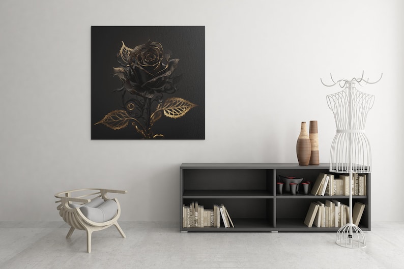 Golden Beautiful Vantablack Rose with Filigree and Golden Drops Digital Download Wall Art Home Decor Artwork image 3