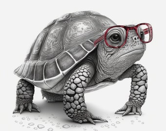 Poster Black and white Turtle with red glasses kitchen decor | Digital Download | Wall Art | Home Decor | artwork | printable