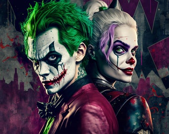 Joker Bösewicht Poster mit Harley Quinn grün lila blau Poster | Digitaler Download | Wandkunst | Wohnkultur | Kunstwerk | druckbar