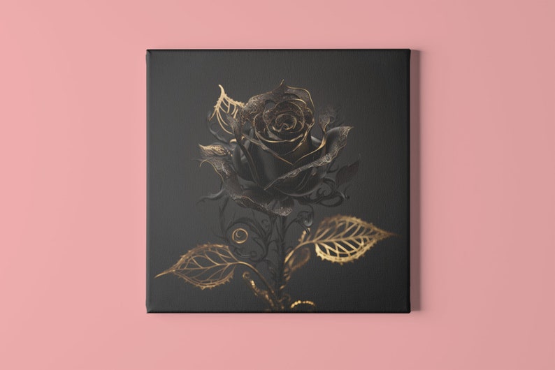 Golden Beautiful Vantablack Rose with Filigree and Golden Drops Digital Download Wall Art Home Decor Artwork image 2