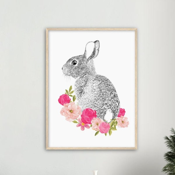Pretty Bunny Flowers print/poster. Nursery wall art. Baby Girl nursery. Home decor. Wall art. Bunny. Flower.