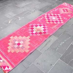 Herki runner rug, Turkish pink rug, Vintage handmade rug, Hallway rug, Entryway rug, Bohemian rug, Boho home decor, 2.4 x 10.2 ft RA4305