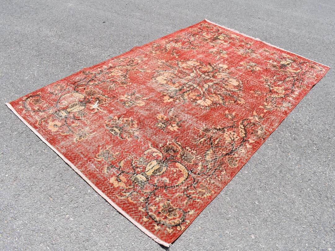 Orange Area Rug, Vintage Oriental Rug, Handmade Large Rug, Organic Wool
