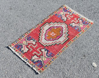 Turkish red area rug, Vintage small rug, Bohemian rug, Home decor, Oushak rug, Oriental rug, Handmade rug, Rustic decor, 1.5 x 3 ft RA2497