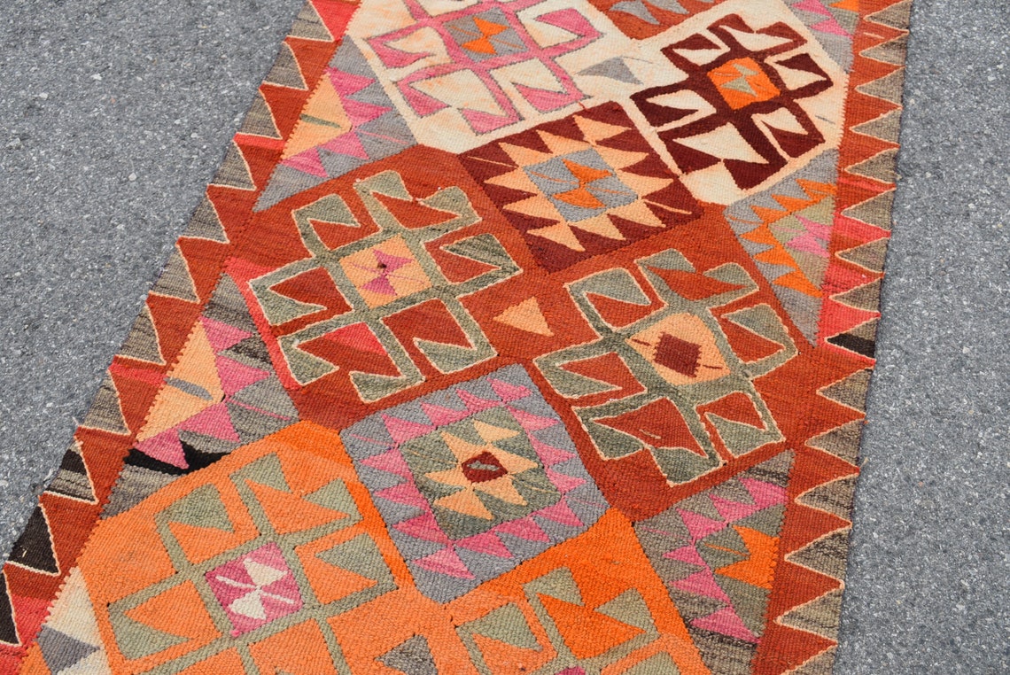 Orange kilim rug Turkish kilim runner rug Vintage hallway Etsy
