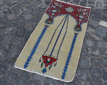 Prayer rug, Boho home decoration, Turkish bathroom rug, Vintage rug, Handmade small rug, Bohemian rug, Doormat, Rug, 1.9 x 3.9 ft RA0654