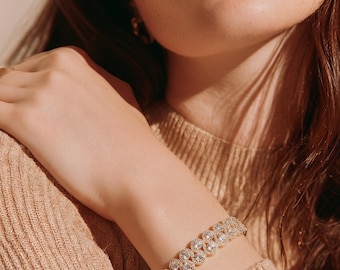 Tennis Armband, 18K Gold überzogener Zirkonia-Armreif, eleganter Kristallschmuck