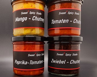 Chutney-Set - Vier auf einen Streich - Geschenk - Männer - Marmelade - Handgemacht - Grillen - Relish - Danke - Käse  - Set - BBQ - Gast