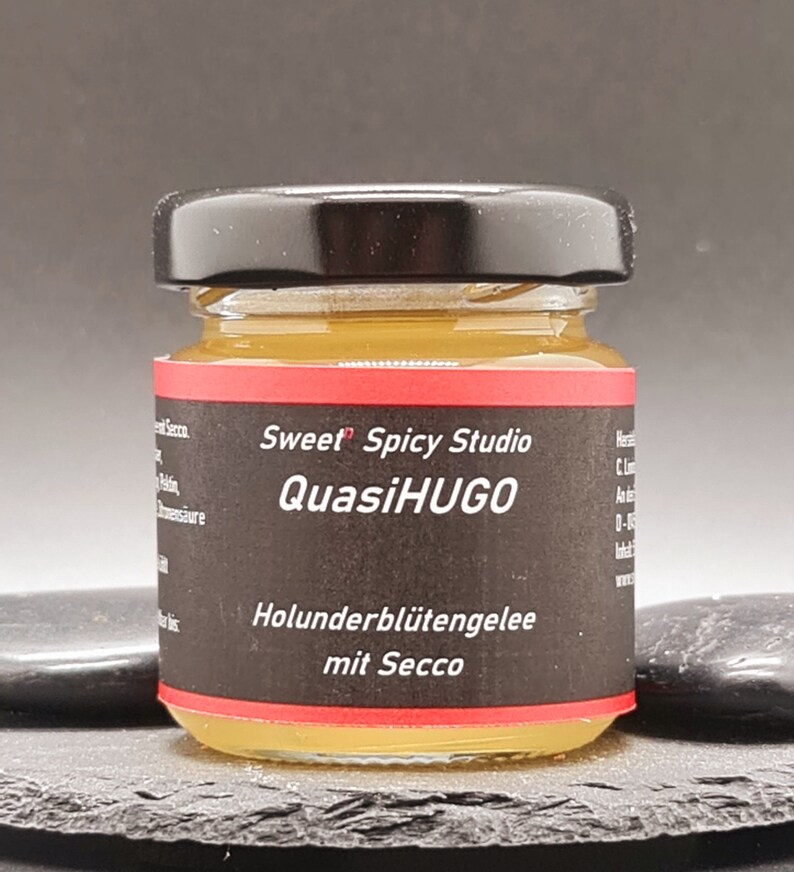 QuasiHUGO Holunderblütengelee mit Secco Gast Geschenk Ostern Handmade Konfitüre Marmelade Hugo Gelee Secco Frühstück 50 g