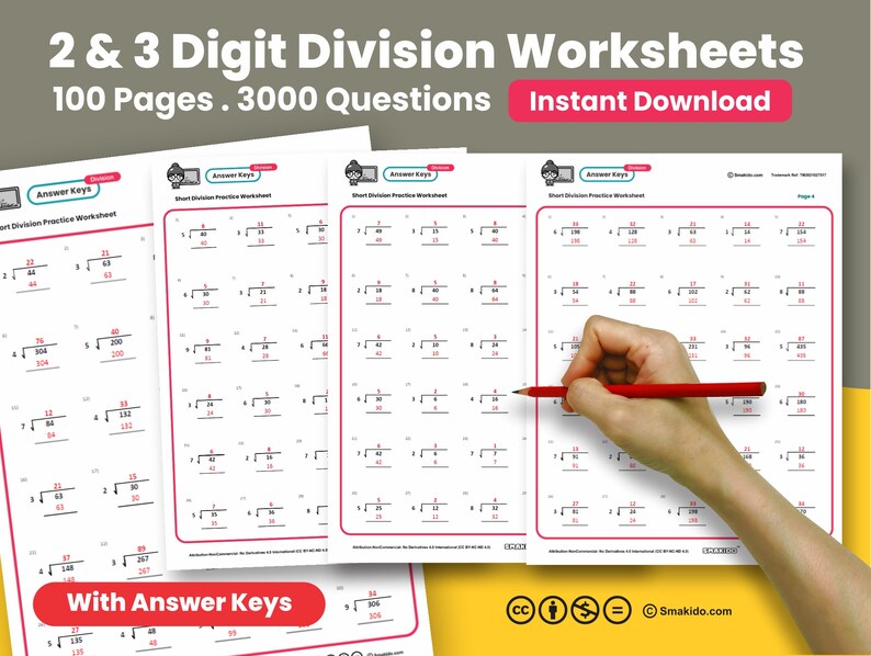 printable 2 3 digit short division math worksheets 100 etsy