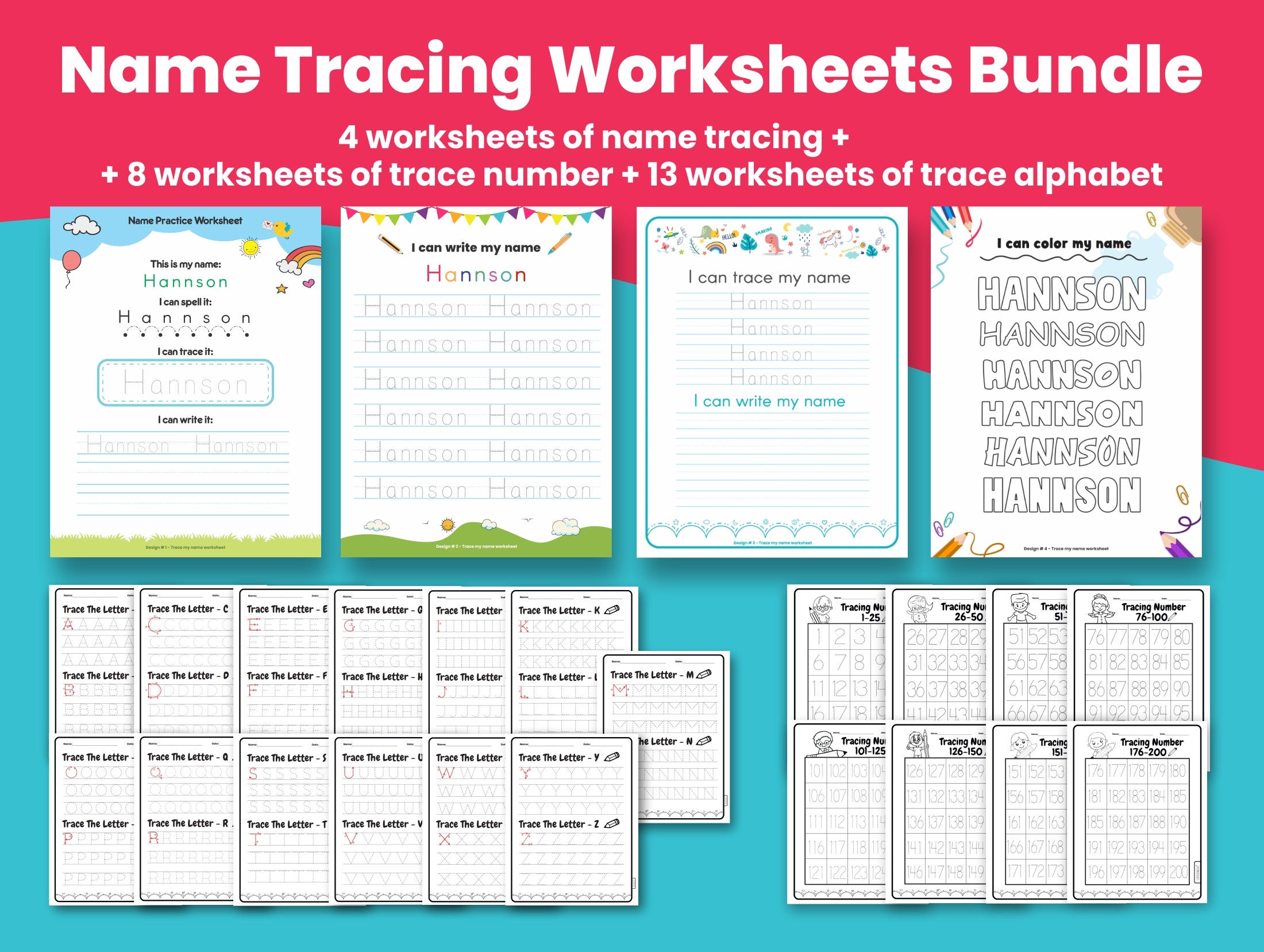 personalized name tracing worksheets 25 pages bundle etsy