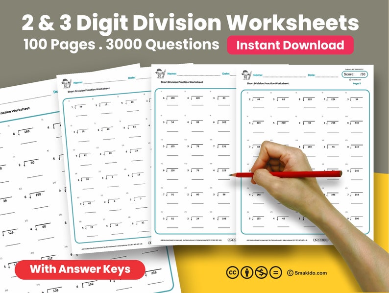 printable 2 3 digit short division math worksheets 100 etsy