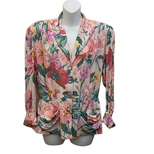 Vintage CAROLE LITTLE Floral Rayon Blazer 3/4 Sleeve Top | Size 8