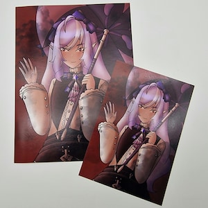 May include: Two art prints depicting a fantasy character with long, light purple hair, holding a black parasol. The character is dressed in a dark outfit with white details and a bow. The background is dark red with a cloudy effect.