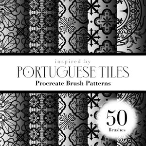 May include: A digital art product featuring 50 Procreate brush patterns inspired by Portuguese tiles. The image shows diverse black and white tile designs, with the text "inspired by PORTUGUESE TILES Procreate Brush Patterns".