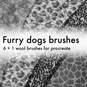 Pode incluir: Imagem mostrando pincéis digitais com diversas texturas de pêlo. O texto "Furry dogs brushes" e "6 + 1 wool brushes for procreate" são visíveis. As texturas incluem pêlo de cão e estampas de animais.