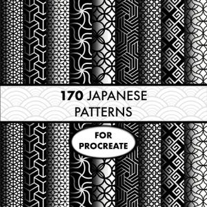 Könnte beinhalten: Eine Sammlung von 170 schwarz-weißen japanischen Mustern für Procreate. Die Muster sind geometrisch und abstrakt und in einem Raster angeordnet.