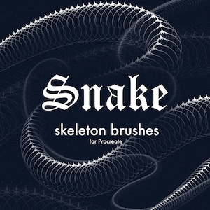 Puede incluir: Un gráfico digital con líneas blancas que forman un patrón de esqueleto de serpiente sobre un fondo azul marino oscuro. El texto dice Snake skeleton brushes for Procreate en una combinación de tipografía gótica y sans-serif.