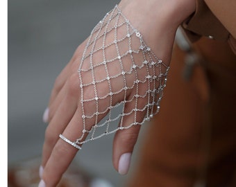 Silver Slave Ring-Bracelet with white Zircon