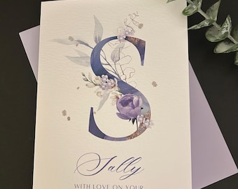 Personalised Floral Initial Birthday Card: Handmade A5 Card, Violet