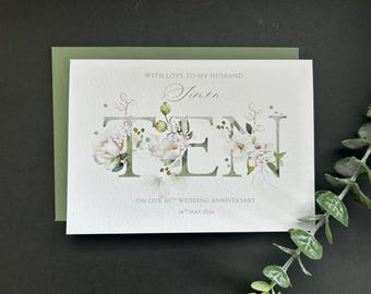Personalised 10th Wedding Anniversary Card: Sage Green Floral