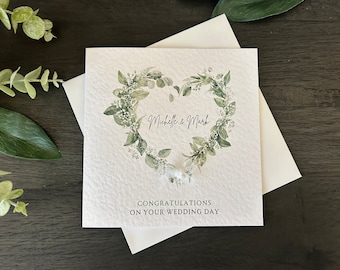 Personalised Wedding Card: Handmade Floral Heart Wreath Design
