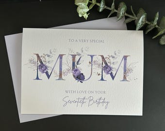 Personalised Floral Birthday Card for Mum: Handmade Violet Embellished Card