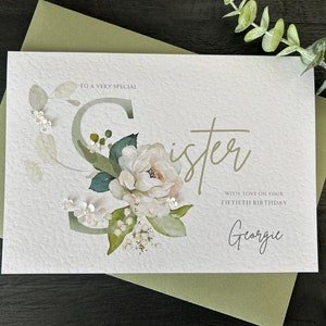 Personalised Handmade Sister Birthday Card, Happy Birthday Sister, Green Floral, 30th, 40th, 50th ,60th, 70th, 80th, 90th, 100th, Age Card