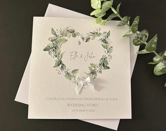 Personalised Wedding Vow Renewal Card: Handmade Floral Heart Wreath Design