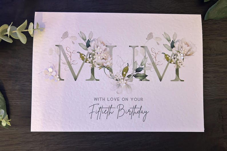 Mum Birthday Card, Personalised, Handmade, Floral Initials, 40th, 50th, 60th, 70th, 80th, 90th, 100th image 2