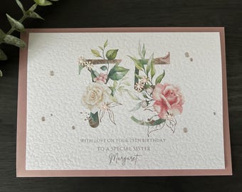 Personalised 75th Birthday Card: Handmade A5 Card for Her