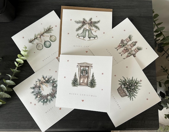 Pack of 6 Christmas Cards, Assorted Festive Designs, 300gsm Textured Card