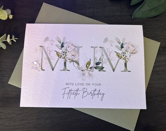 Mum Birthday Card, Personalised, Handmade, Floral Initials, 40th, 50th, 60th, 70th, 80th, 90th, 100th