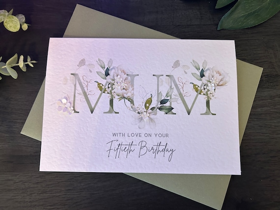 Mum Birthday Card, Personalised, Handmade, Floral Initials, 40th, 50th, 60th, 70th, 80th, 90th, 100th