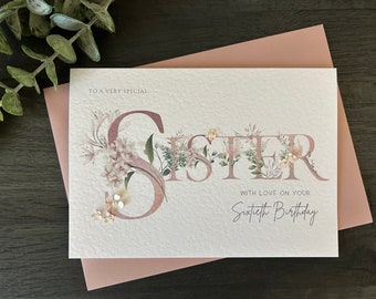 Personalised Sister Card, Happy Birthday Sister, Pink Floral Initials, 40th 50th 60th 70th 80th 90th 100th, Embellished, Floral, Age Card