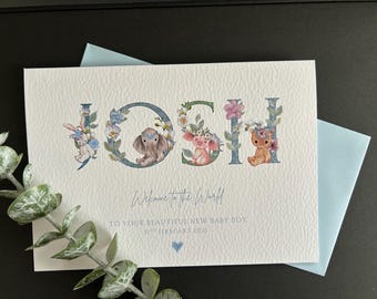 Tarjeta personalizada para recién nacido niño: diseño artesanal en acuarela.
