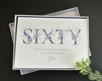 Tarjeta de cumpleaños número 60 personalizada con diseño floral en caja: Tarjeta grande A5 decorada hecha a mano para la edad.