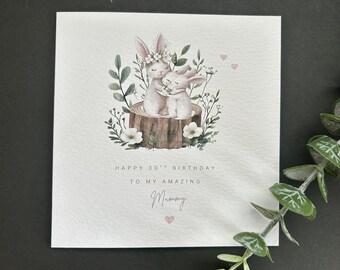 Mummy Birthday Card, Mummy Bunny Rabbit, Personalised, Handmade, Any age, Two small bunnies