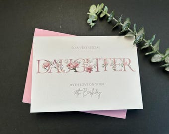Tarjeta de cumpleaños rosa personalizada para hija, 21, 30, 40, 50, 60, 70 años.