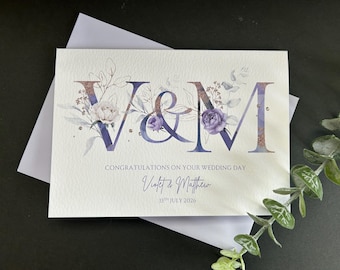 Personalised Floral Wedding Card: Violet Initials, Anniversary, Engagement