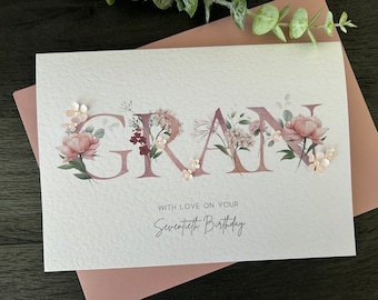 Personalised Pink Floral Gran Birthday Card for any age: Large A5 size