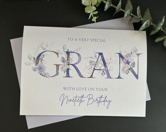Gran Birthday Card: Personalised for any age.  Large A5 size, Violet Floral