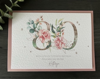 Personalised 80th Birthday Card: Handmade Hammered Cardstock, Pink Envelope
