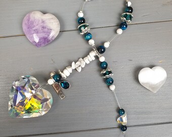 Heart Shape pendant Crystal suncatcher – Turquoise Tigers Eye Gemstone beads with White Howlite Gemstone chips and Swarovski heart bead.